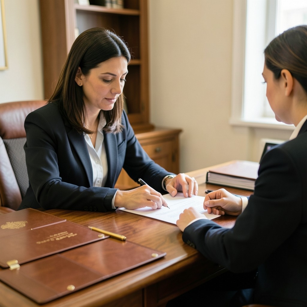 Consultora revisando documentación laboral con una clienta en despacho